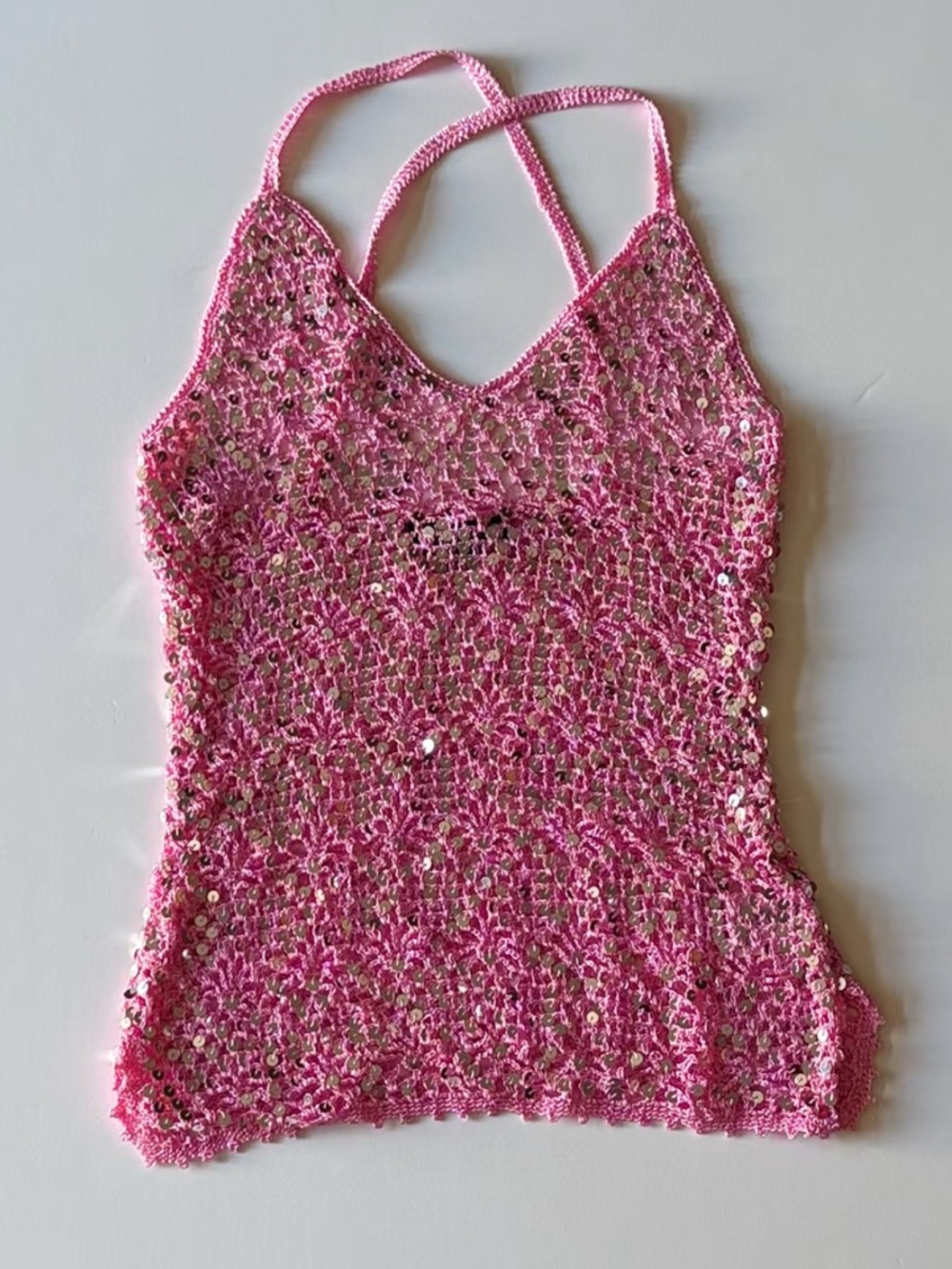 ✨ Retrofête Pink Sequin Crochet Top XS S Luxury Handmade Sparkle